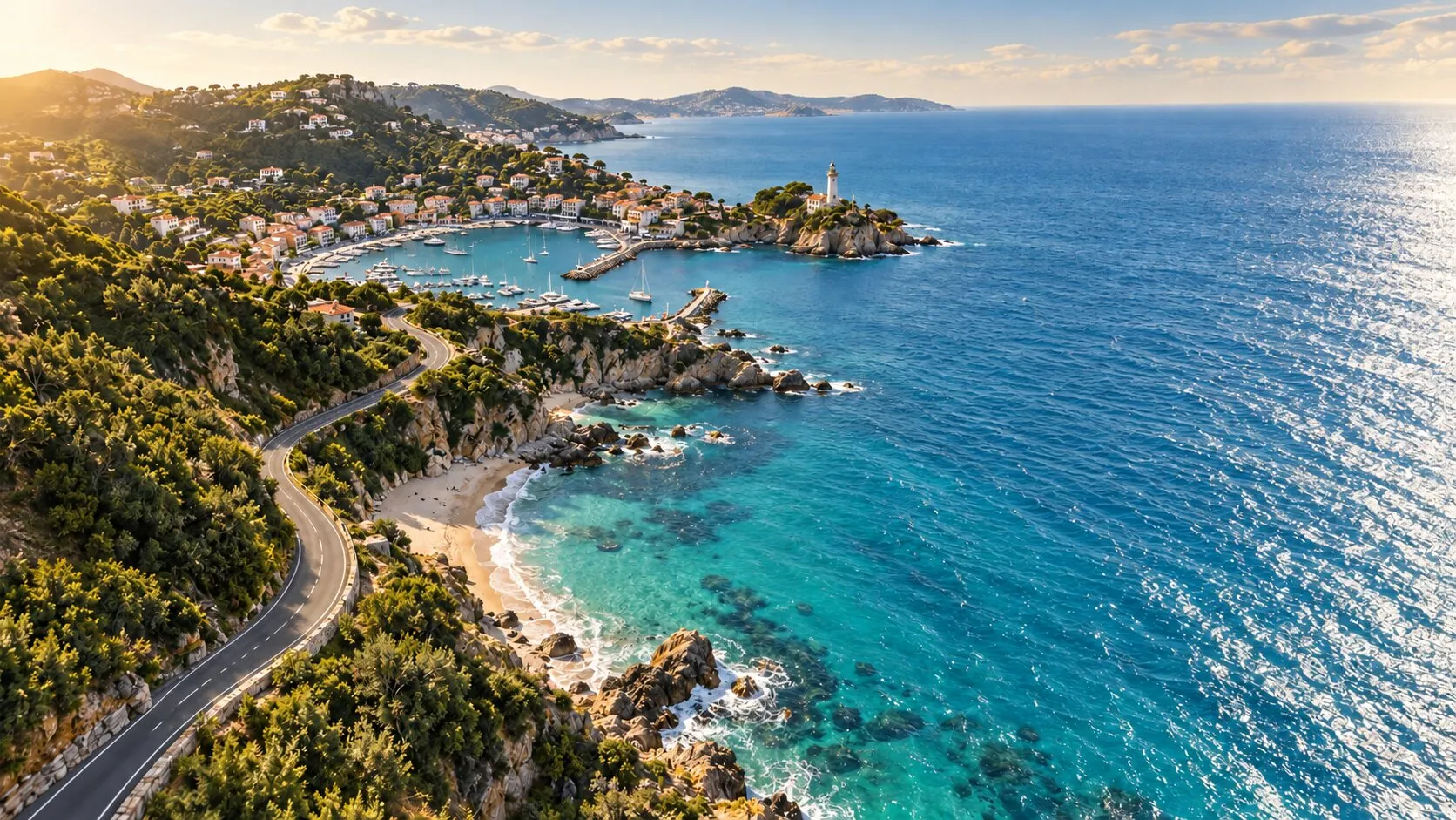 An aerial view of a coast road winding past a beach, a harbor and a lighthouse