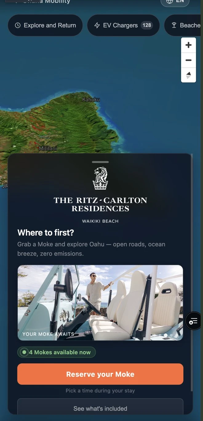 Actual Ritz-Carlton-branded Ohana booking screen with a Reserve your Moke action