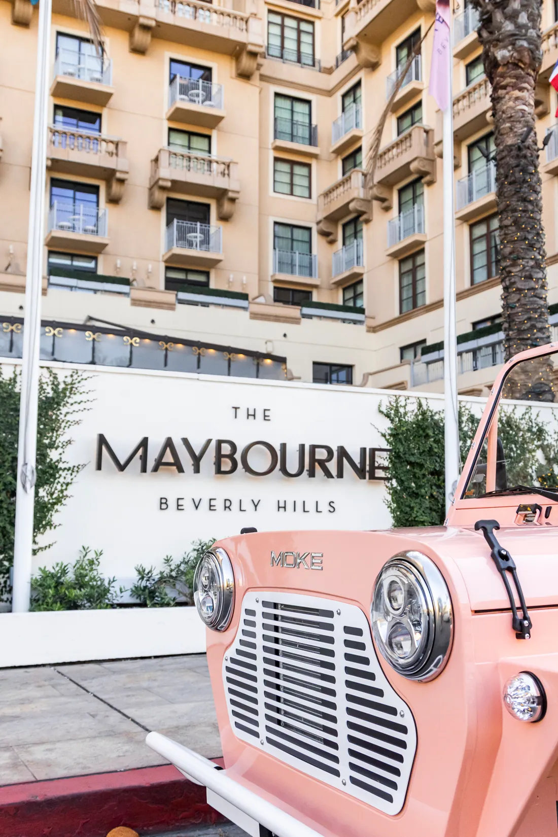 A pink Moke at the entrance of The Maybourne Beverly Hills
