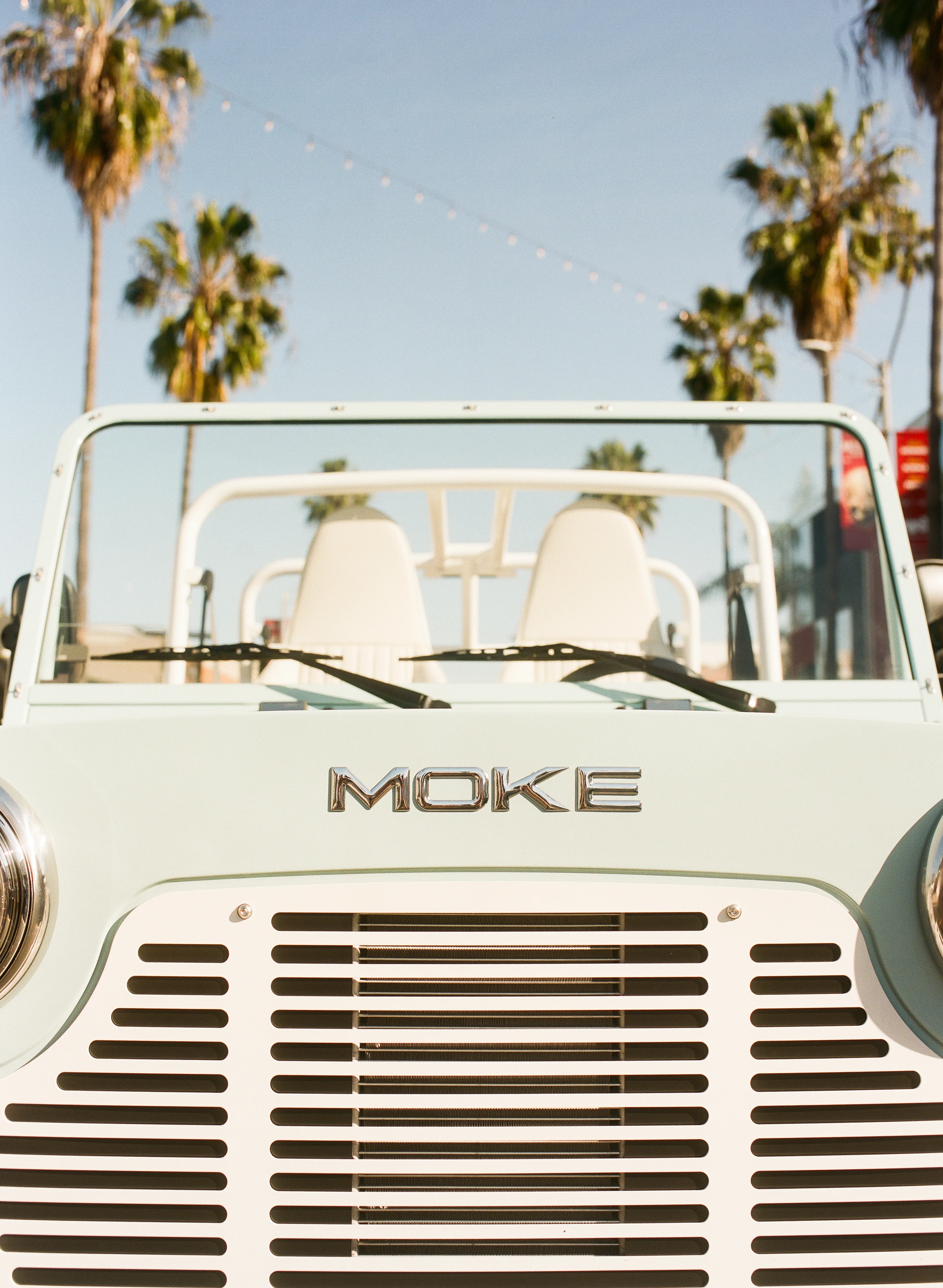 New Moke EV parked among palm trees