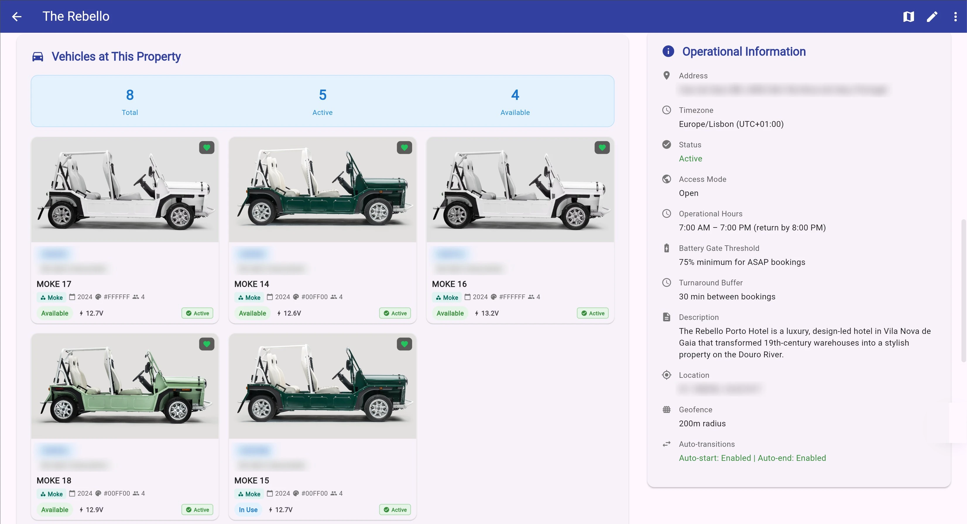 Ohana fleet screen for The Rebello in Porto: eight vehicles with availability, battery level, and operating hours